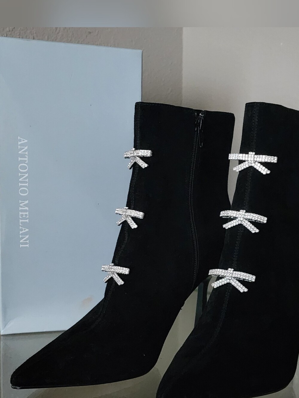 NEW ANTONIO MELANI Black Suede Crystal Bow Ankle Boots